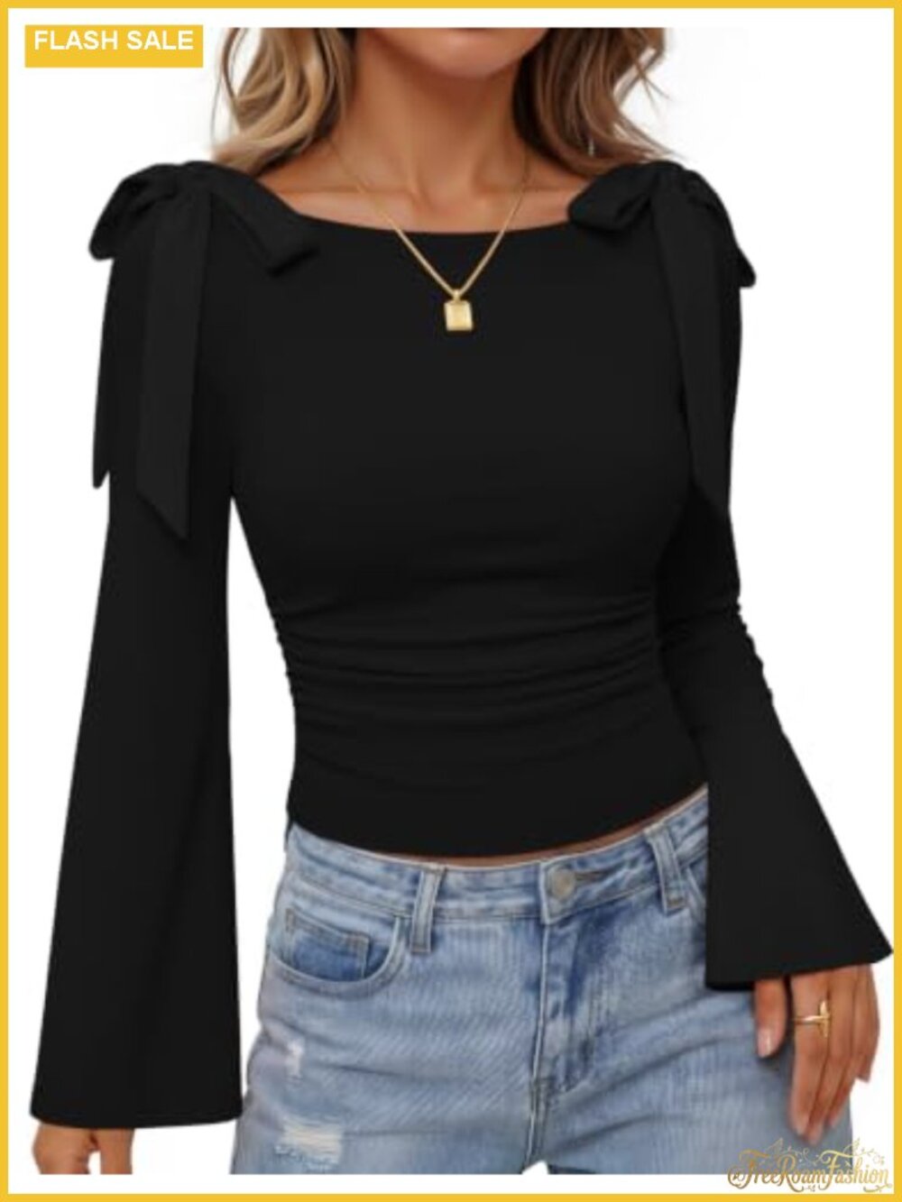 ZESICA Cute Tie Shoulder Y2K Tops Long Sleeve Bell Sleeve Boat Neck Pullover